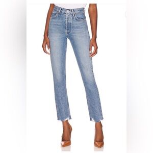 AGOLDE Riley Medium Blue Wash Buttonfly Raw Hem Jeans 25